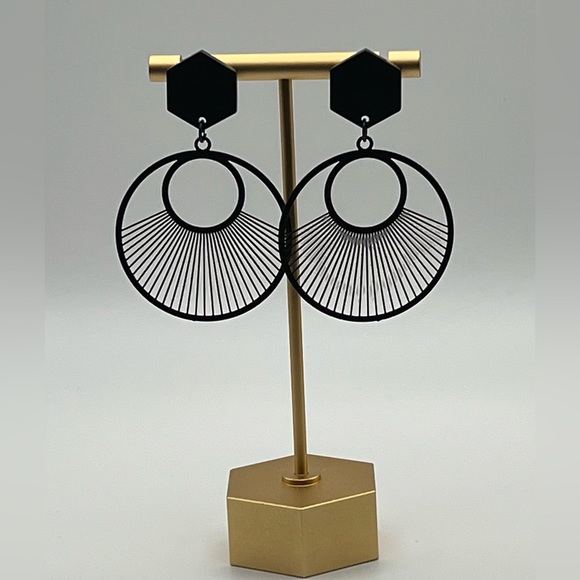 Black Art Deco Geometric Classic Dangle Earrings - Minimalist Statement Earrings - Picture 14 of 14